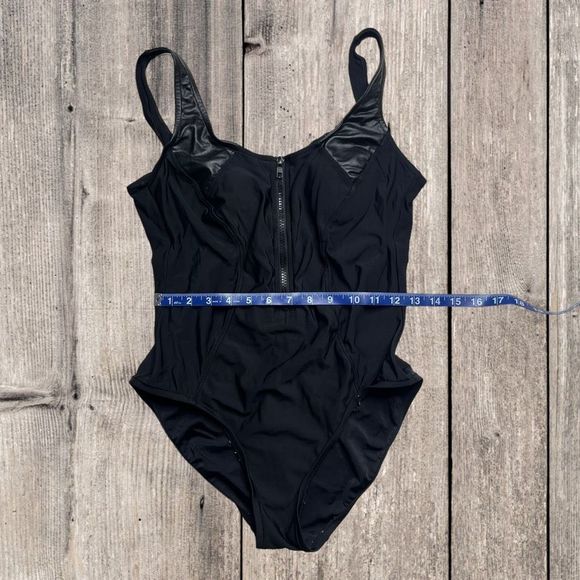 Aqua Green Women's Black Zip Up Faux Leather Trim One Piece Swimsuit Medium NWOT - Picture 7 of 8